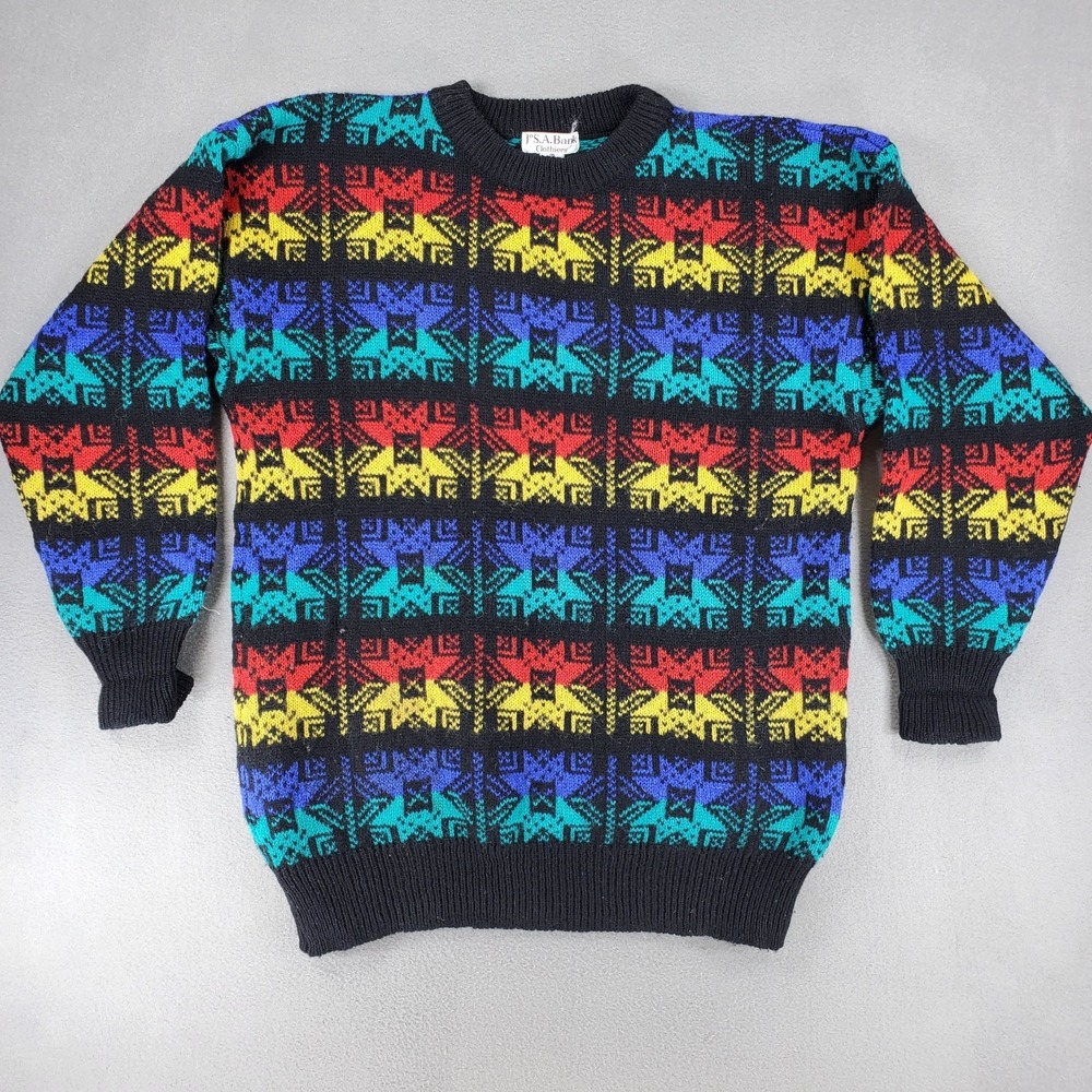 Vintage Jos. A Bank Mens M Wool Sweater Aztec Ski Fair Isle Rainbow Snowflake